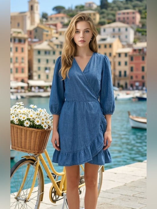 GAP Dresses & Skirts - Denim Blue Wrap Ruffle Mini Dress with Puff Sleeves